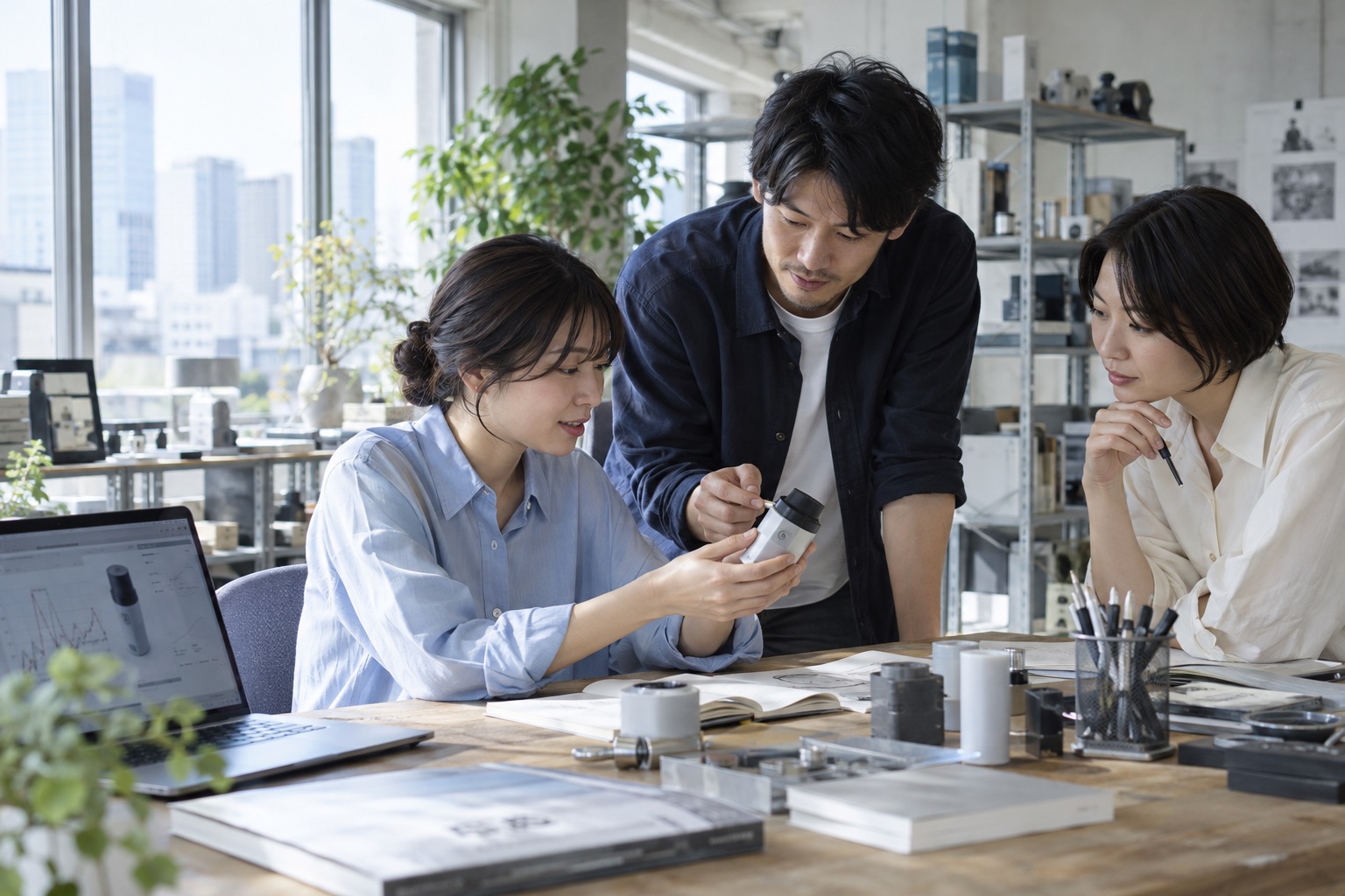 試作センサーを囲んで設計を話し合う開発チームの架空の場面