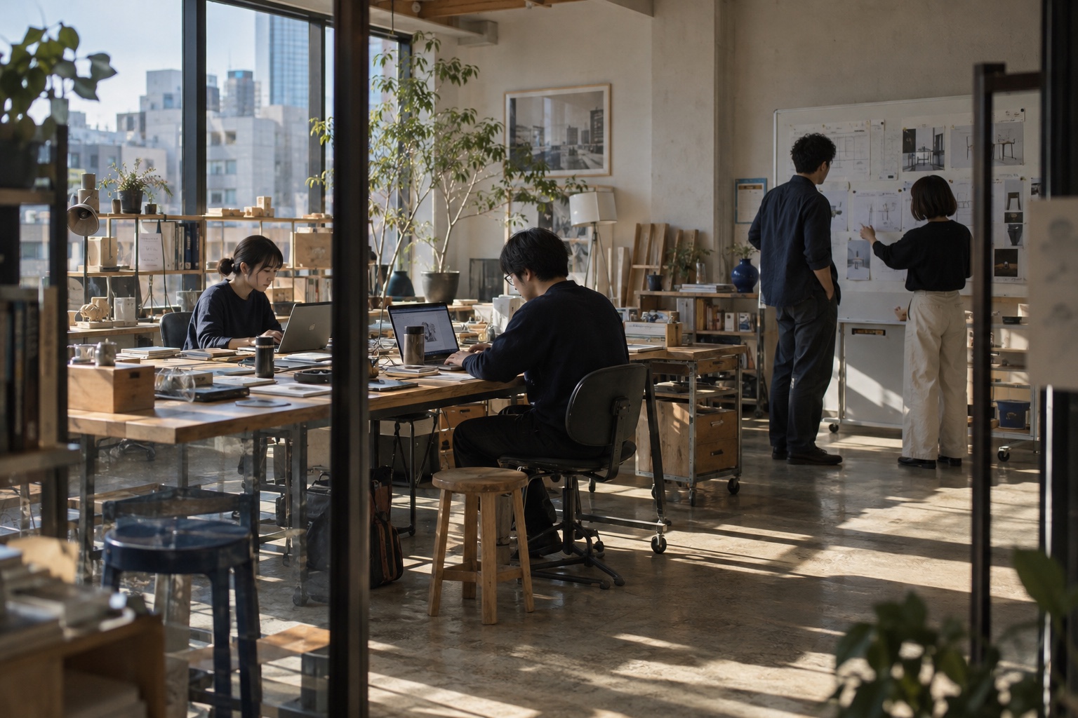 日差しの入る開発スタジオで、それぞれ作業や相談をするメンバーのイメージ